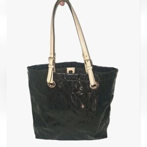 Michael Kors Large Jet Set Logo Tote Black Shoulder Patent Leather Bag Purse GUC